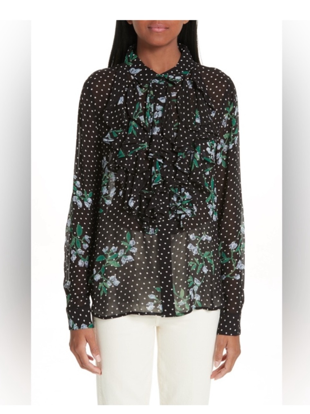 Ganni Black Sheer Floral & Polka Dot Ruffle Tie-Neck Blouse Sz XS/S